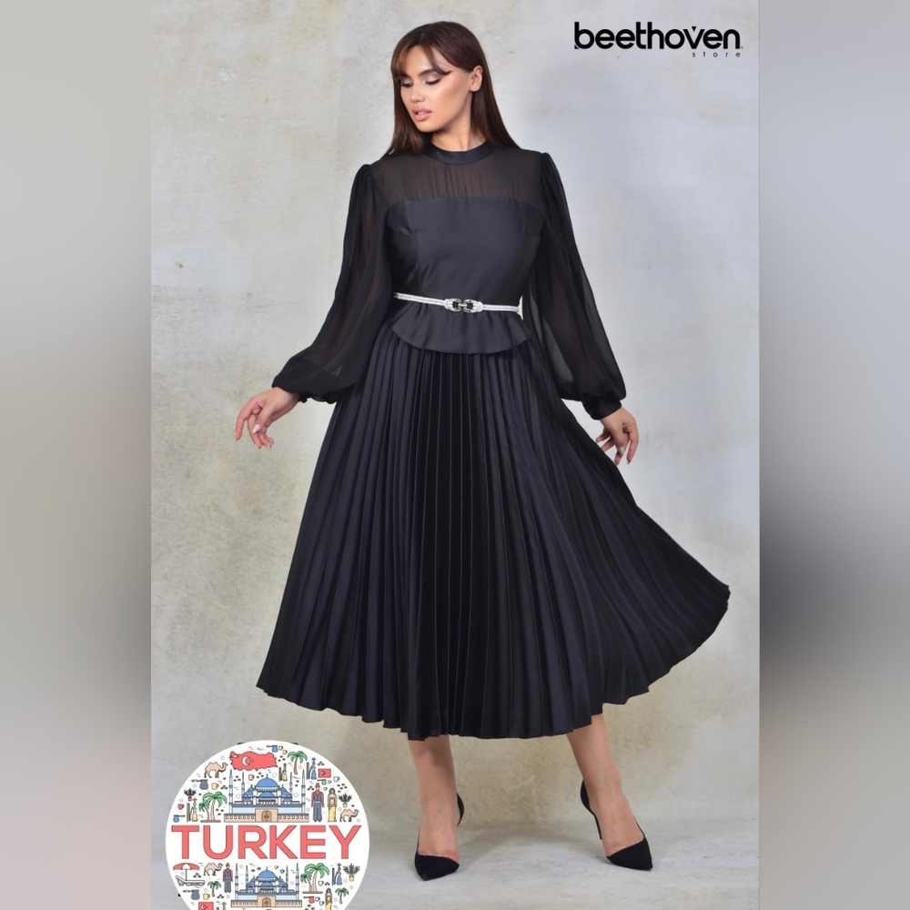 Gorgeous French Length Chiffon/Silk Dress with a crystal belt. Made in Turkey